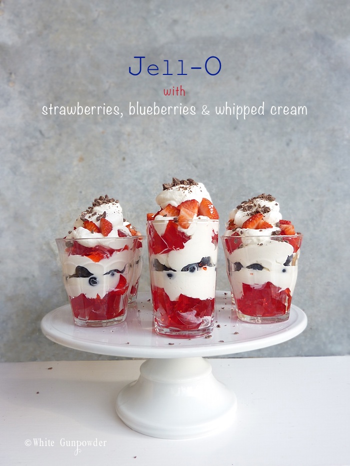 JellO with strawberries, blueberries, and whipped cream